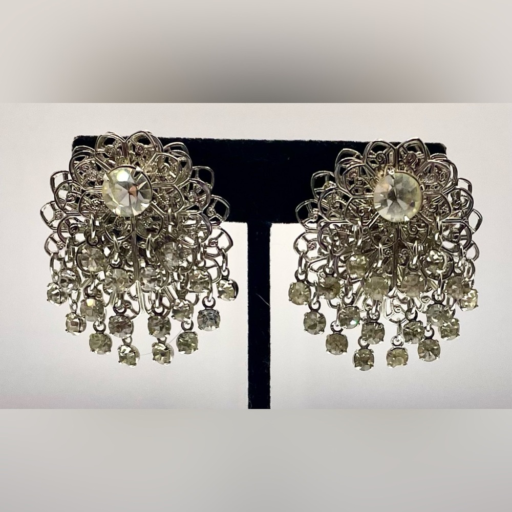 Vintage Silver Tone Filigree Waterfall Clip On Earrings with Dangling Crystals
